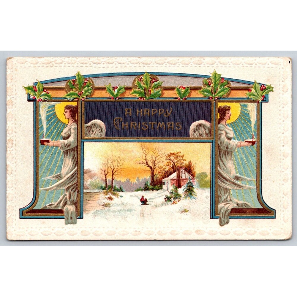 Antique 1910 Christmas Postcard Embossed Angels Winter Cottage Warren Minnesota